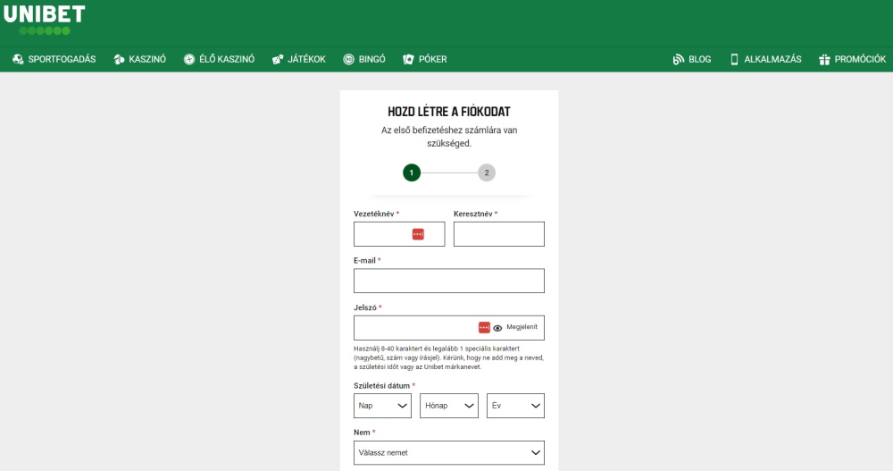 Fiók létrehozása az Unibetnél